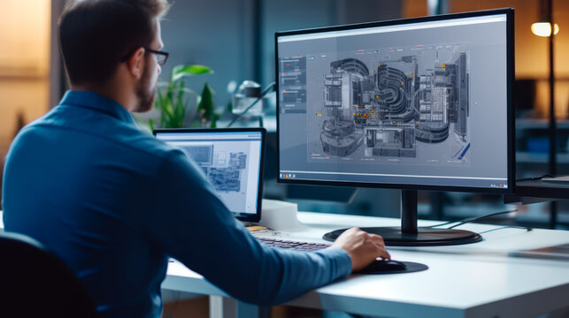 Engineer at workstation viewing technical drawings on dual monitors